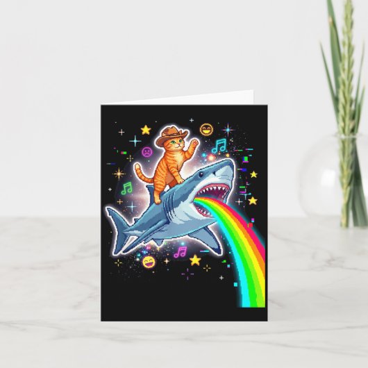 Space Cowboy Cat Riding Shark Rainbow Xel Art  Kaart (Voorkant)