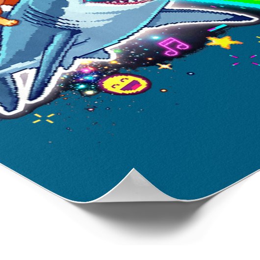 Space Cowboy Cat Riding Shark Rainbow Xel Art  Poster (Hoek)
