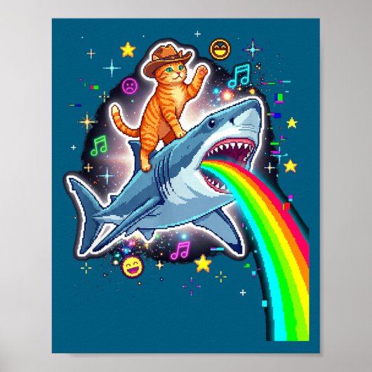 Space Cowboy Cat Riding Shark Rainbow Xel Art  Poster (Voorkant)
