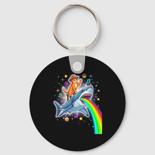 Space Cowboy Cat Riding Shark Rainbow Xel Art  Sleutelhanger (Voorkant)