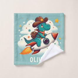 Space Cowboy Dino Trex Riding Rocket gepersonalise Washandje