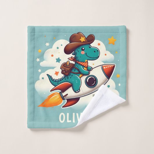 Space Cowboy Dino Trex Riding Rocket gepersonalise Washandje (Wasdoekje)