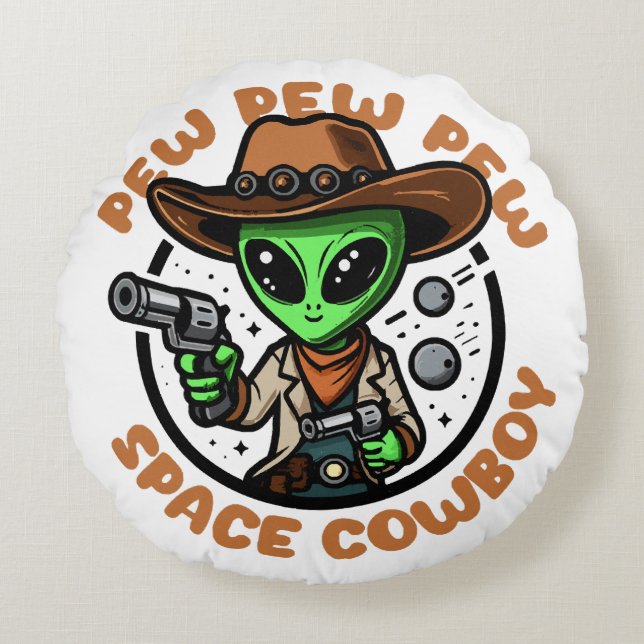 Space Cowboy Funny Alien Rond Kussen (Voorkant)