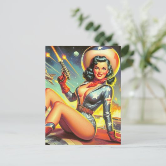  Space Cowgirl Pin Up Briefkaart (Staand voorkant)