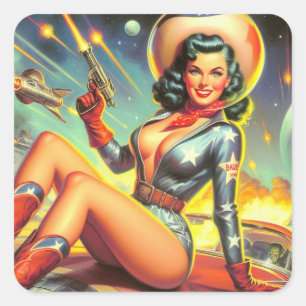 Space Cowgirl Pin Up Vierkante Sticker