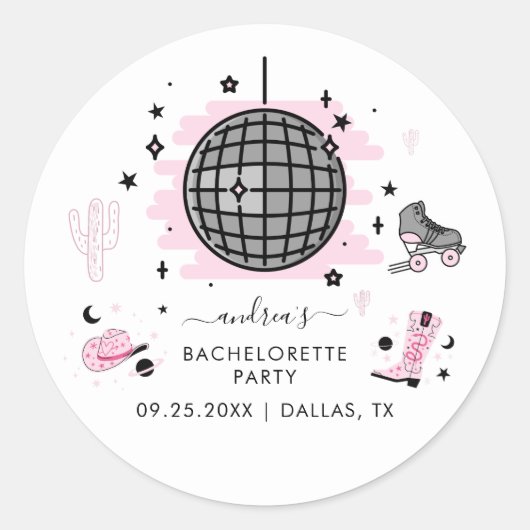 Space Cowgirl Retro Disco Meisjesfeest Roze  Ronde Sticker (Voorkant)