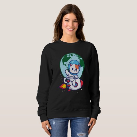 Space Cute Cat Outerspace Rocket Earth Trui (Voorkant volledig)