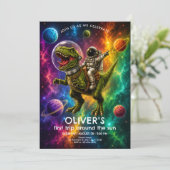 Space Dino Eerste Verjaardagsfeestje Kaart (Staand voorkant)