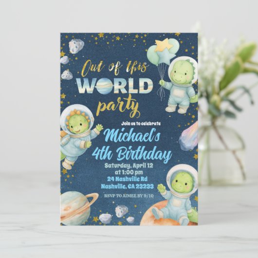 Space Dinosaur Birthday Invitation Kaart (Staand voorkant)