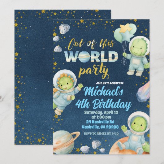 Space Dinosaur Birthday Invitation Kaart (Voorkant / Achterkant)