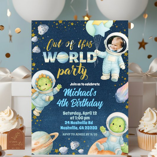 Space Dinosaur Birthday Invitation with photo Kaart