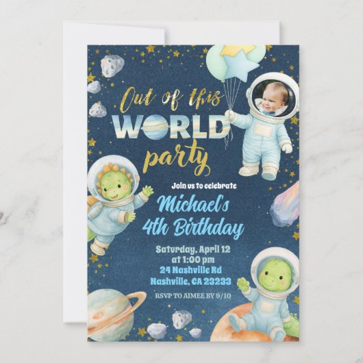 Space Dinosaur Birthday Invitation with photo Kaart (Voorkant)