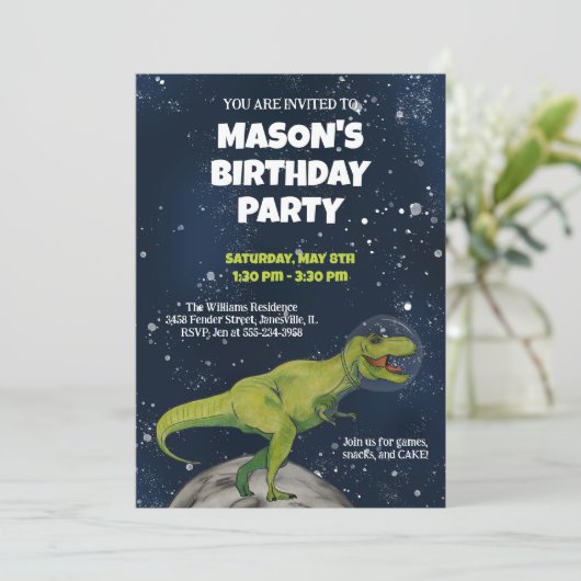 Space Dinosaur T-rex Birthday Party Invitation Kaart (Staand voorkant)