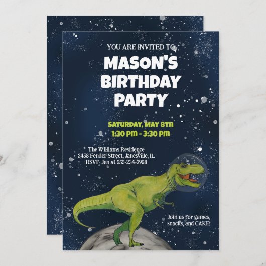 Space Dinosaur T-rex Birthday Party Invitation Kaart (Voorkant / Achterkant)