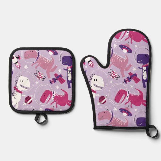 Space Dinosaurs, Cute Dinosaurs, Stars, Space Ship Ovenwant & Pannenlap Set (Voorkant)