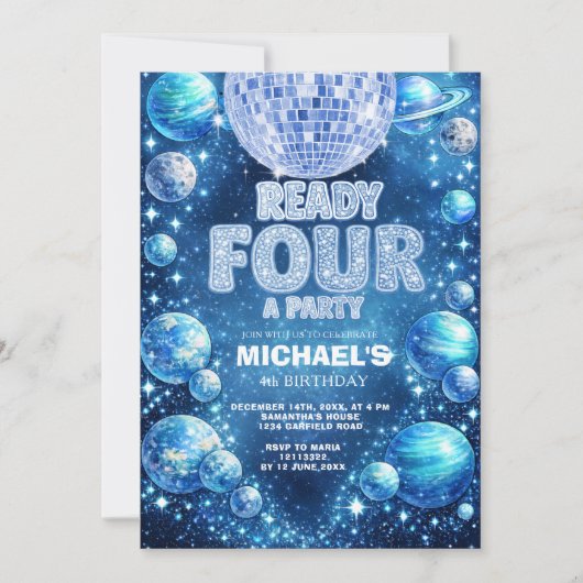 Space Disco 4th Birthday READY FOUR A PARTY Kaart (Voorkant)