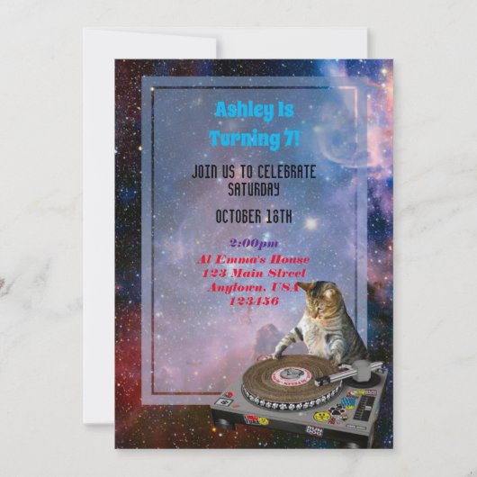Space Dj Cat Funny Invitation Kaart (Voorkant)