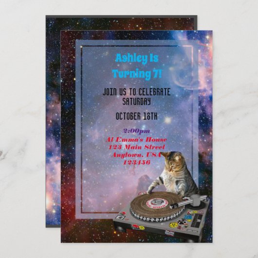 Space Dj Cat Funny Invitation Kaart (Voorkant / Achterkant)