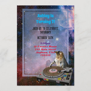 Space Dj Cat Funny Invitation Kaart