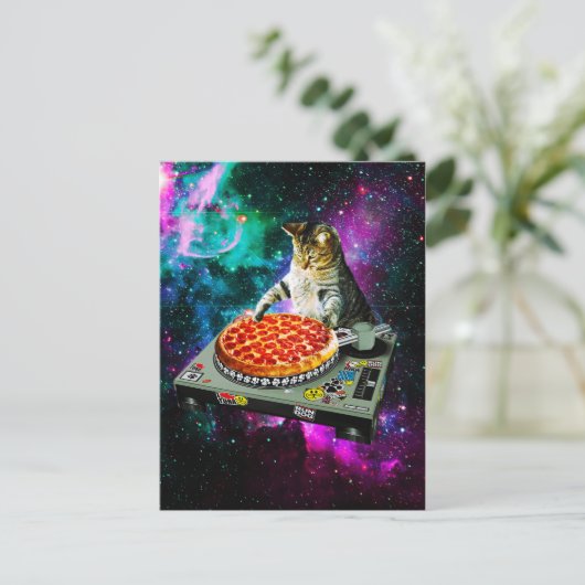 Space dj cat pizza briefkaart (Staand voorkant)
