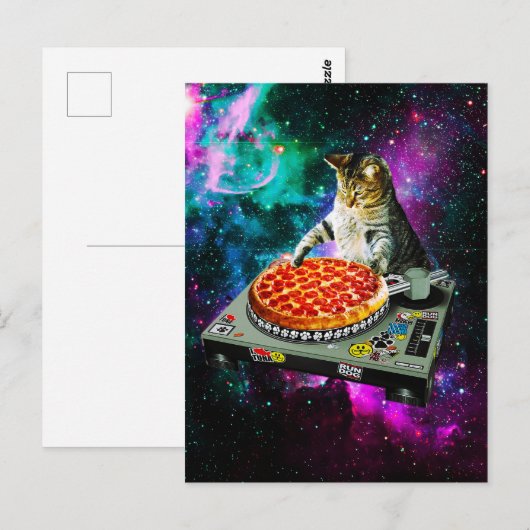 Space dj cat pizza briefkaart (Voorkant / Achterkant)