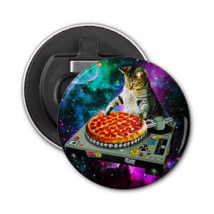 Space dj cat pizza button flesopener