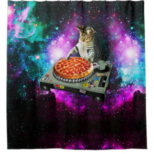 Space dj cat pizza douchegordijn