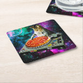 Space dj cat pizza kartonnen onderzetters (Schuin)