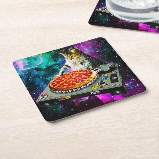 Space dj cat pizza kartonnen onderzetters (Schuin)