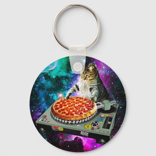 Space dj cat pizza sleutelhanger (Voorkant)