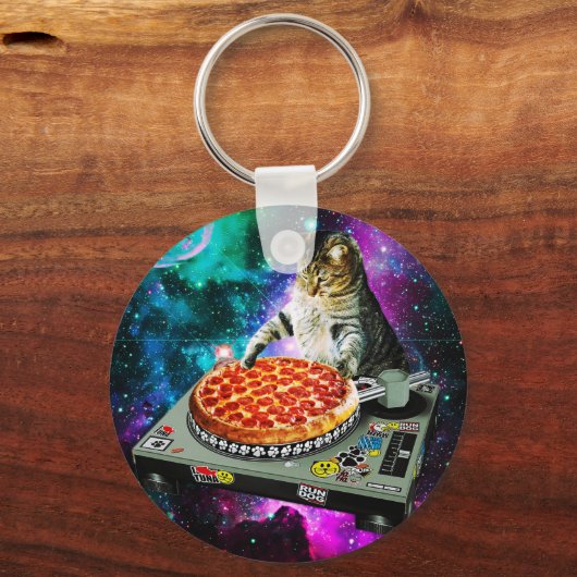 Space dj cat pizza sleutelhanger (Voorkant)