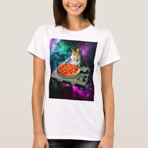 Space dj cat pizza t-shirt