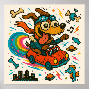 Space Dog Driving Car Poster