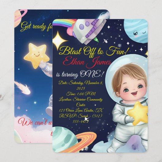 Space Explorer eerste verjaardag uitnodiging (Voorkant / Achterkant)