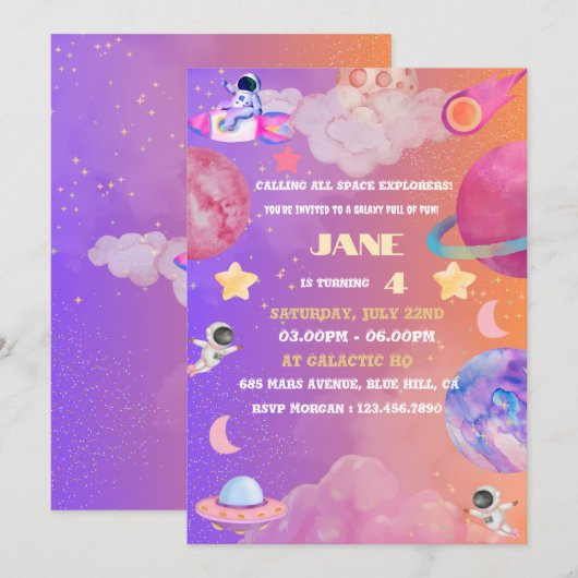 Space Explorer Girl Verjaardag Uitnodiging – Bewer (Voorkant / Achterkant)