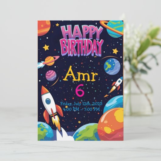 Space Explorer Verjaardag Uitnodiging voor kindere (Staand voorkant)