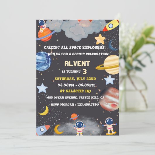 Space Explorers Verjaardag Uitnodiging voor Kinder (Staand voorkant)