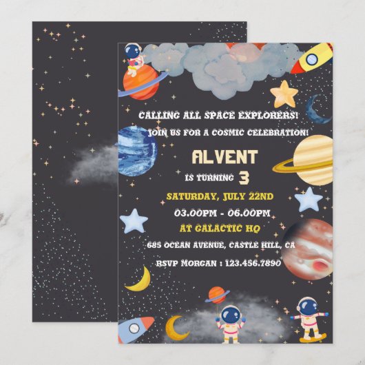 Space Explorers Verjaardag Uitnodiging voor Kinder (Voorkant / Achterkant)