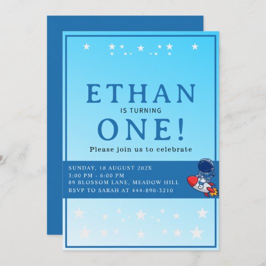 Space First Birthday Invitation – Astronaut Party Kaart (Voorkant / Achterkant)