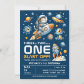 Space Galaxy Astronaut Cat Blast Off 1st Birthday Kaart (Voorkant)