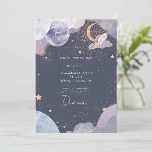 Space Galaxy Birthday Invitation Kaart (Staand voorkant)