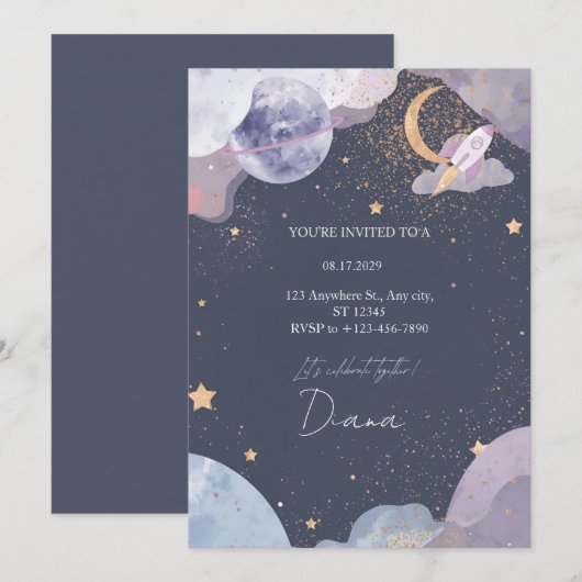 Space Galaxy Birthday Invitation Kaart (Voorkant / Achterkant)
