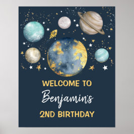 Space Galaxy Birthday Party Navy Gold Welkom Poster