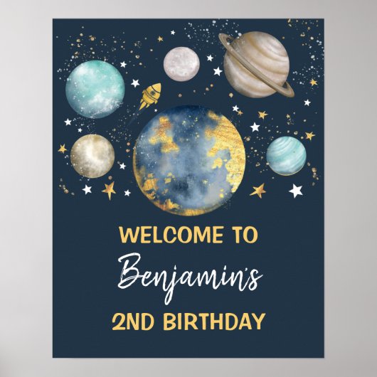 Space Galaxy Birthday Party Navy Gold Welkom Poster (Voorkant)