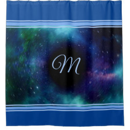 Space Galaxy Black Hole Blue Trim Monogram Douchegordijn