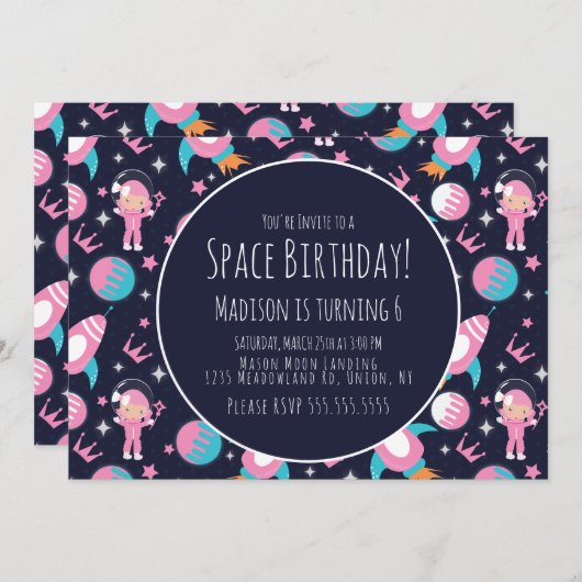 Space Galaxy Pink Princess Astronaut Birthday Kaart (Voorkant / Achterkant)
