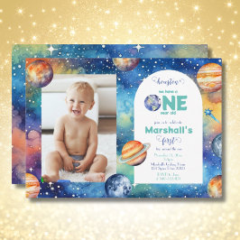 Space Galaxy ✨ Planeten Foto Eerste Verjaardag Kaart