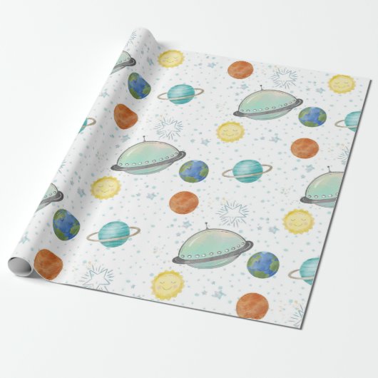 Space Galaxy Planets, Stars & Rocket Orbits astro Cadeaupapier (Uitgerold)