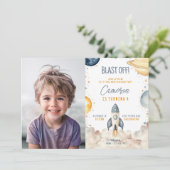 Space Galaxy Rocket Ship Foto Verjaardagsfeest Kaart (Staand voorkant)