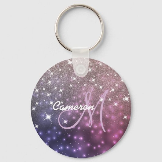Space Galaxy Roze Goud Glitter Fonkelende Monogram Sleutelhanger (Voorkant)